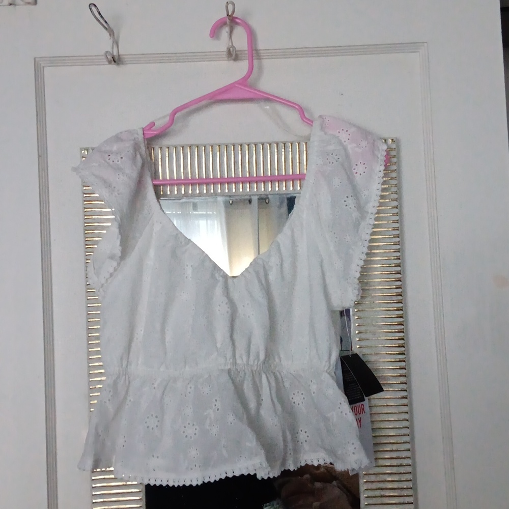 Celebrity Pink White Eyelet Cropped Blouse